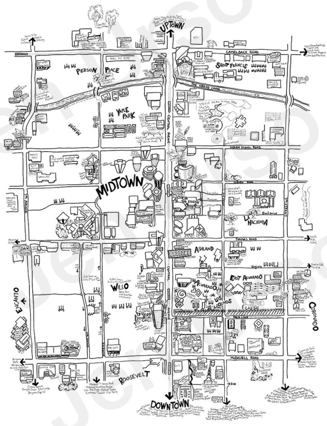 Hand drawn map of Midtown Phoenix, AZ by Jen Urso #map #downtownphoenix